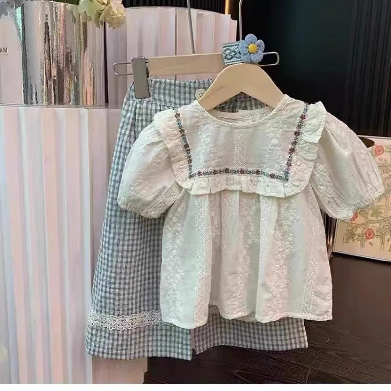 

TOY-Girls' Fashion Set Summer New Children's Baby Mori Style Doll Shirt Wide-leg Pants Retro Two-piece Set