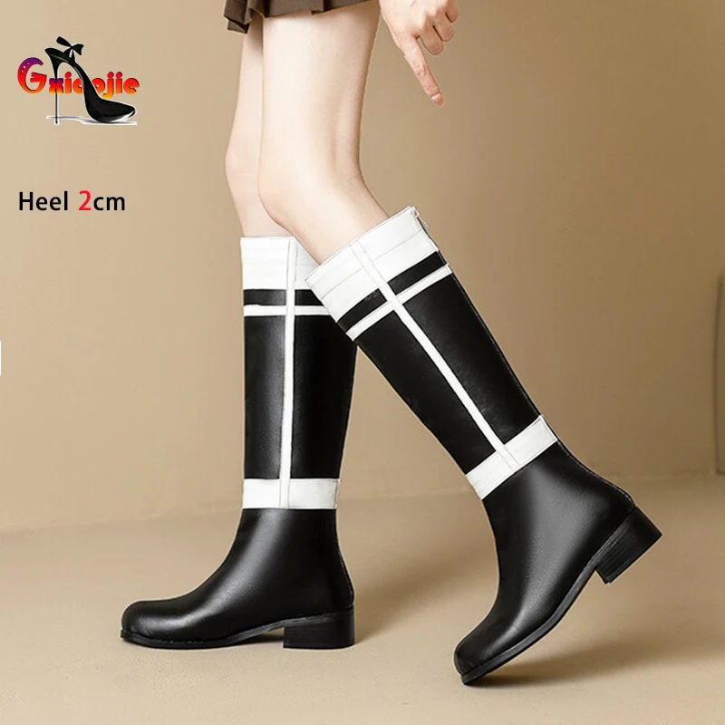 Women Knee-High Boot Black White Mixed Colors Model Shoes Cross Dressing Cosplay Chunk Heels Long Boots Female Big Size 44 45 46