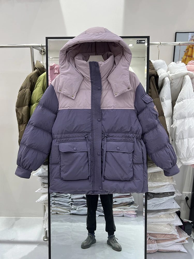 2024 New Winter Women's Jacket Long Coats Down Thick Windproof Warm Puffer Coats Color Clash High Street Women's Down Jacket