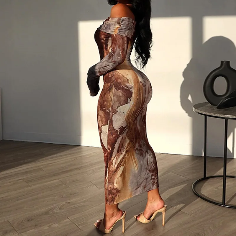 Spring Summer Vintage Print Sexy One Shoulder Long Sleeve One Step Dress Elegant Waist mid Soft Polyester Fiber Medium Elastic