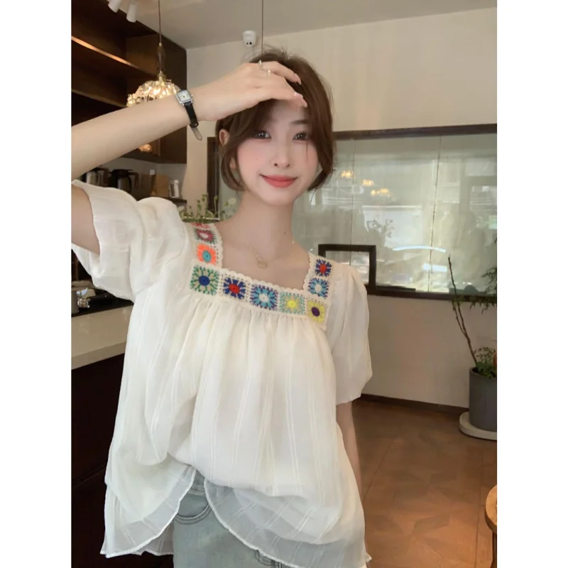 Women Summer Simplicity Loose Sweet Embroidered Solid Color Square Collar Short Sleeve Chiffon Shirt Ladies Casual Elegant Tops