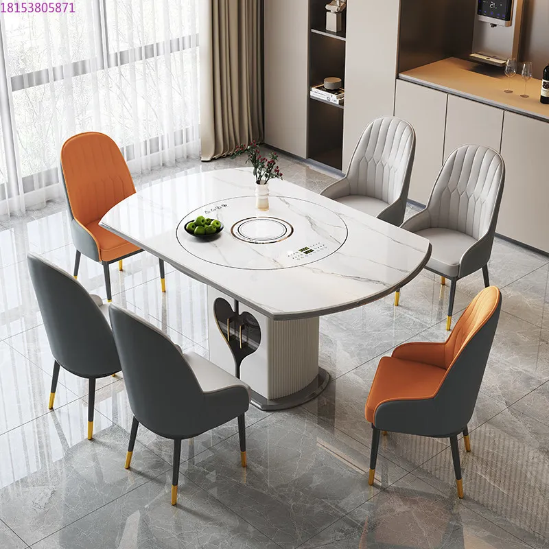 Rock slab multi-functional retractable dining table and chair combination induction cooker vegetable heating board turntable