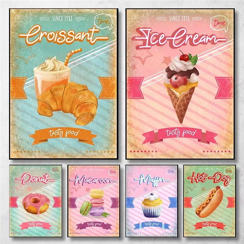 Retro Classic Food & Dessert Art Posters: Macarons, Muffins, Hot Dogs, Cakes, Croissants—Canvas Prints for Home and Bakery Decor