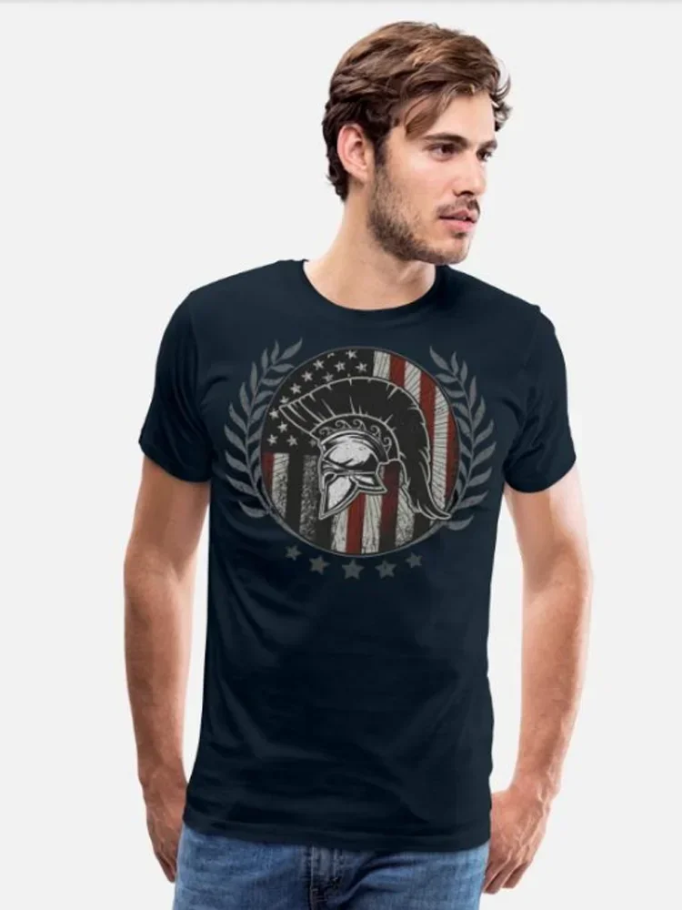 American Flag Grunge Sparta Helmet - Brave Fighter T-Shirt 100% Cotton O-Neck Summer Short Sleeve Casual Mens T-shirt Size S-3XL