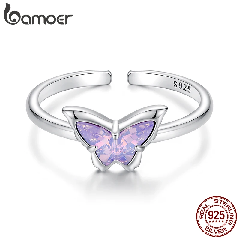 BAMOER 925 Sterling Silver Vivid Butterfly Open Ring, Exquisite Sweet Wedding Party Jewelry for Women BSR643-E