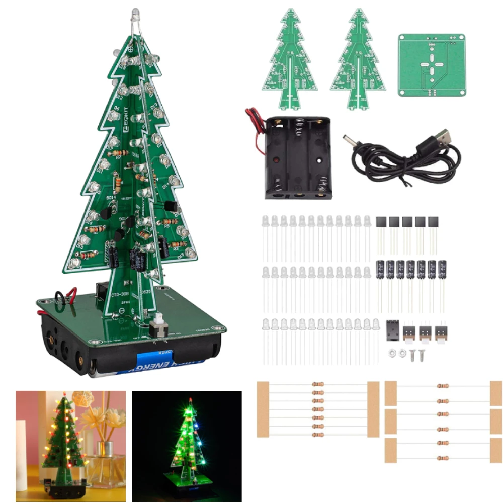 DIY 3D Christmas Tree Decor Soldering Practice Electronic Science Assembly Kit 3 Color/7 Color Flashing LED Flash Circuit Kit