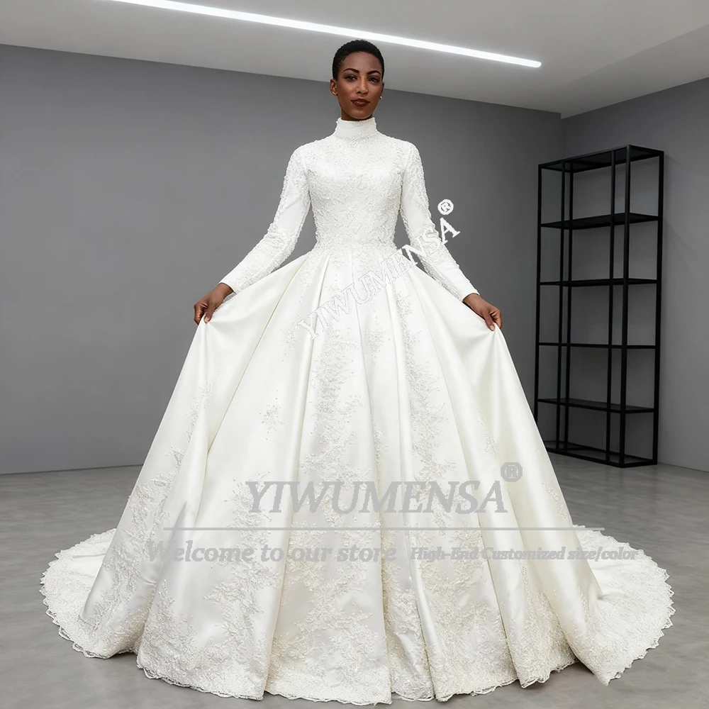 Elegante Brautkleider mit Spitzenapplikationen und langen Ärmeln, hohem Kragen, Perlen-Satin, Saudi-Arabien, muslimische Brautkleider, Sweep-Zug