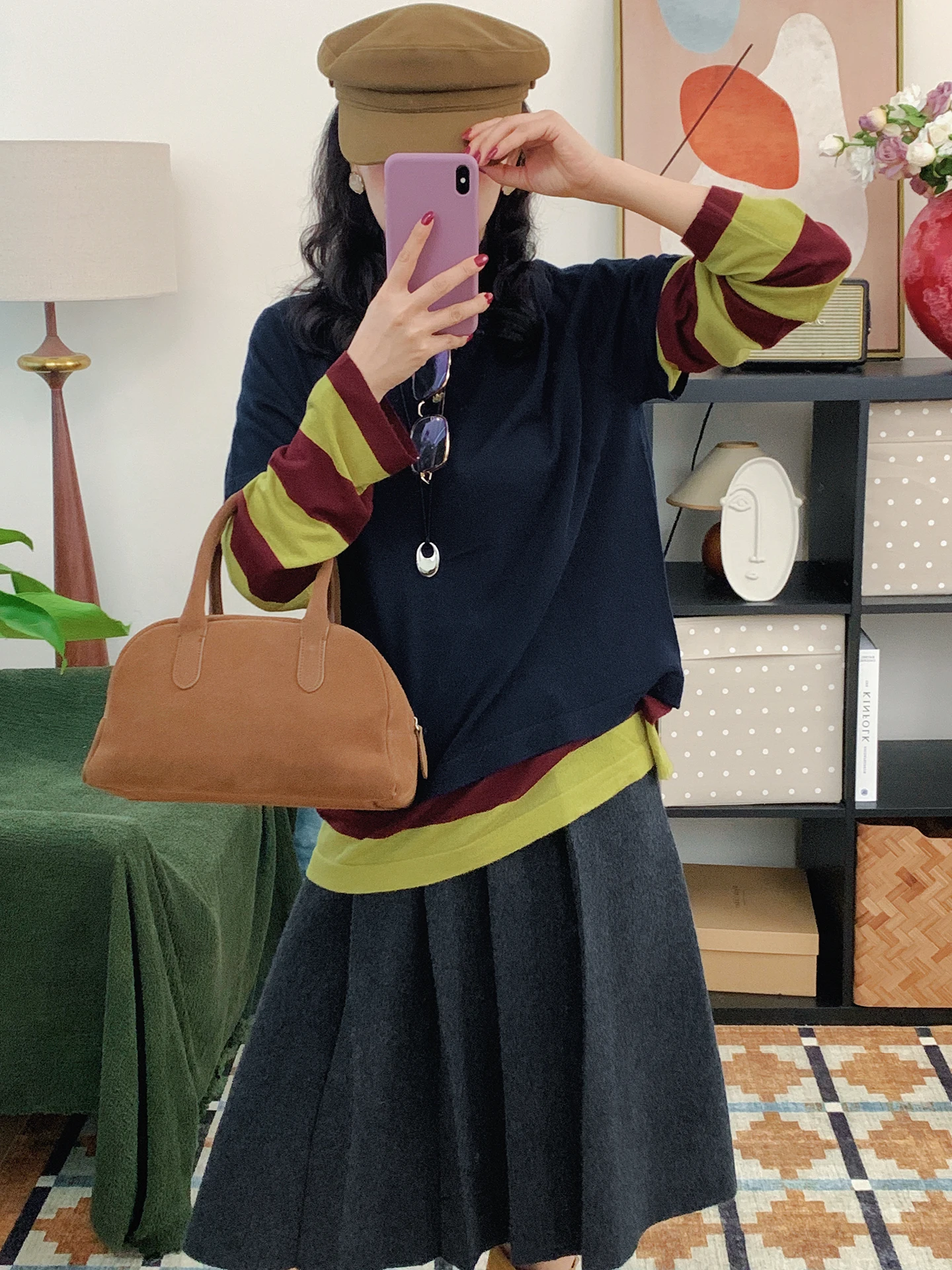 

Ретро-свитер женский повседневный свободного кроя с цветными полосками, вязаный из шерсти, с круглым вырезом, тонкий, имитация двухслойности, мягкий, из смесового полиэстера