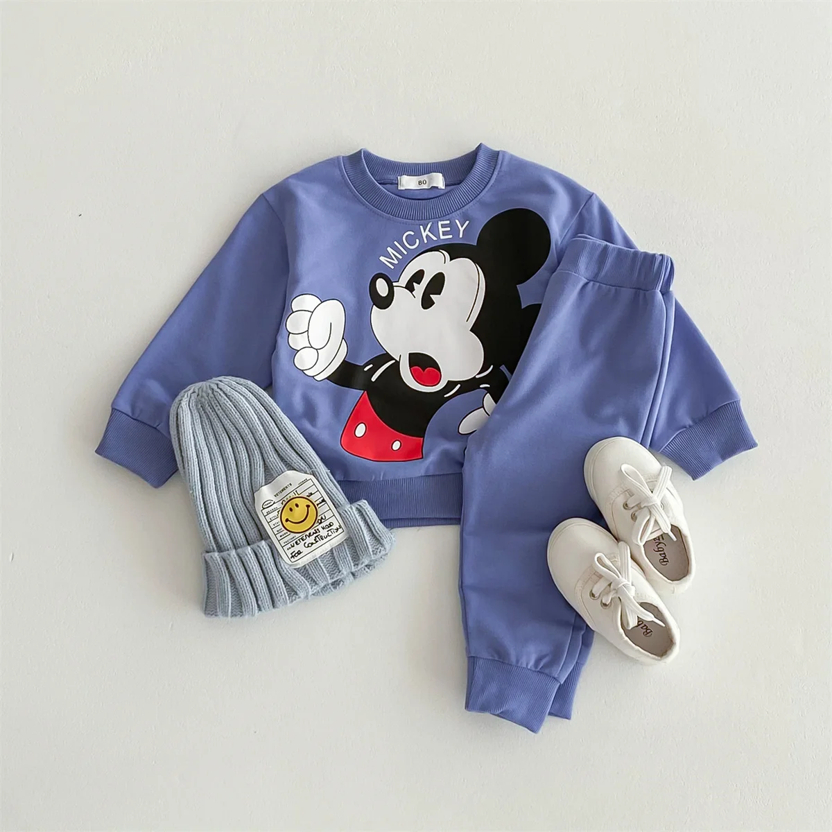 Disney Mickey Children\' Tracksuit Cartoon Fashion Loose Baby Girl Boy Long Sleeve Crewneck Hoodies + Pants Two Piece Set Clothes