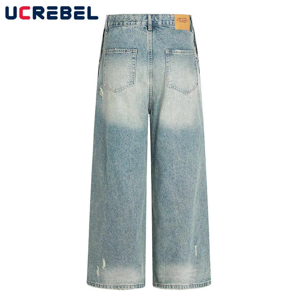 リッピング口ひげ効果ジーンズメンズレトロストリートルーズワイドレッグウォッシュ加工デニムパンツ男性