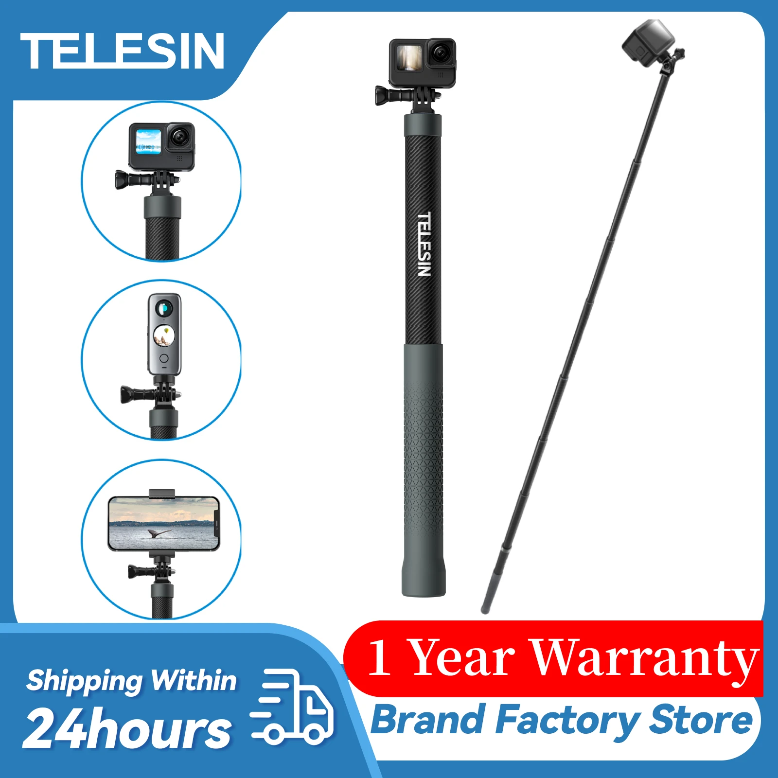 TELESIN 3M Carbon Fiber Selfie Stick Monopod Extendable With 1/4 Screw For GoPro 12 Insta360 X3 Osmo Action 3 DJI  Action Camera