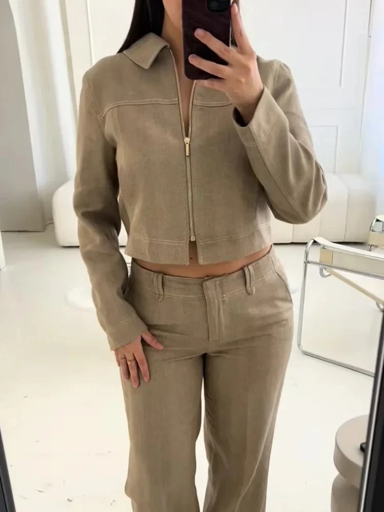 

Casual Trousers Set Women Cotton Linen Lapel Zippers Crop Top Straight Pants Sets Lady Spring Autumn Solid Suit Woman Streetwear