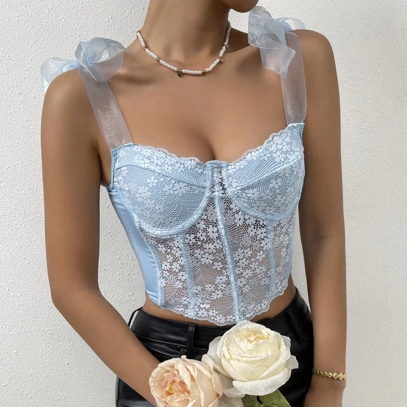 Hot Sale Lace Floral Straps Mesh Hollow Diamond FishboneinsVest Women's Clothing8090