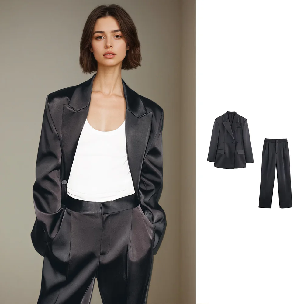 

Winter new women's collar long sleeved silk satin texture multi button suit jacket pleated high waisted pants