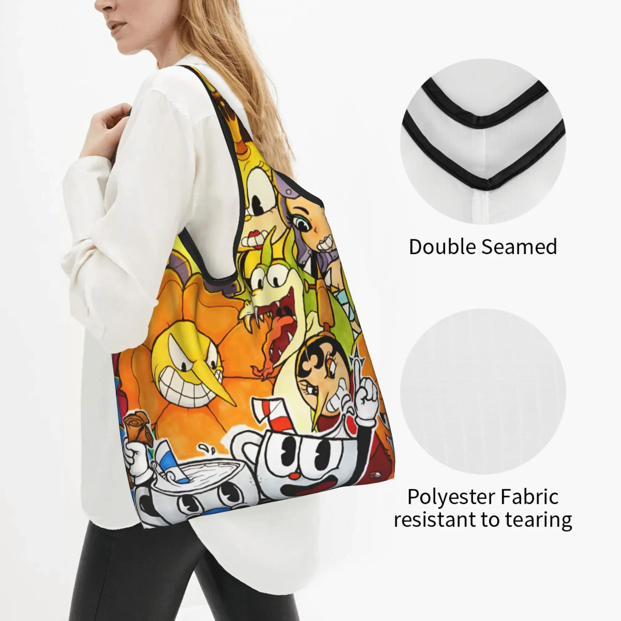 Custom Classic Animes C-Cupheades Shopping Bags Women Portable Large Capacity Grocery Comic Shopper Tote Bags