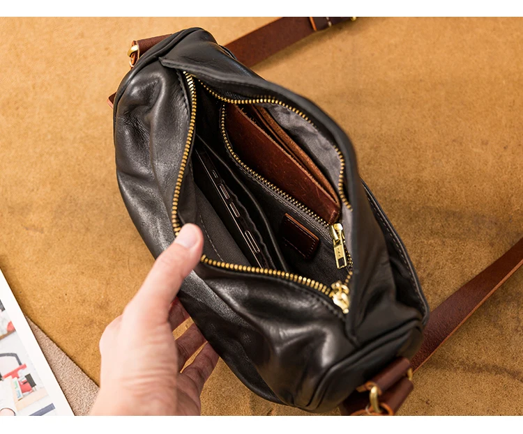 Handgefertigte Herren-Umhängetasche aus echtem Leder, modische Outdoor- und Alltagstasche, schwarze Crossbody-Tasche aus Kuhleder – Detail 15