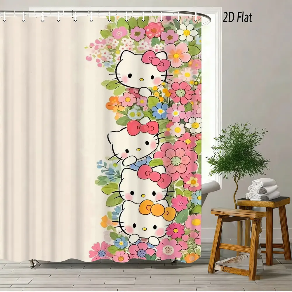 

Hello Kitty Floral Cartoon Printed Shower Curtain Waterproof Mildew Resistant Polyester Fabric With Hooks Easy To Install For Ba