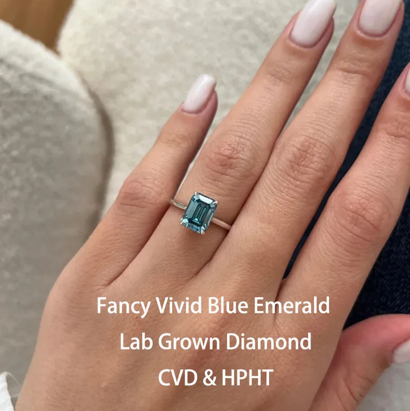 2 Ct Emerald Fancy Vivid Blue Cut Lab Grown Diamond Engagement Ring Blue Diamond 14K 18k Gold Solitaire Ring