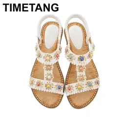 TIMETANGBohemian Casual Women Sandals2021 Fashion Women Round Toe Crystal Flat Bottom Beach Shoes Women Summer Sandals