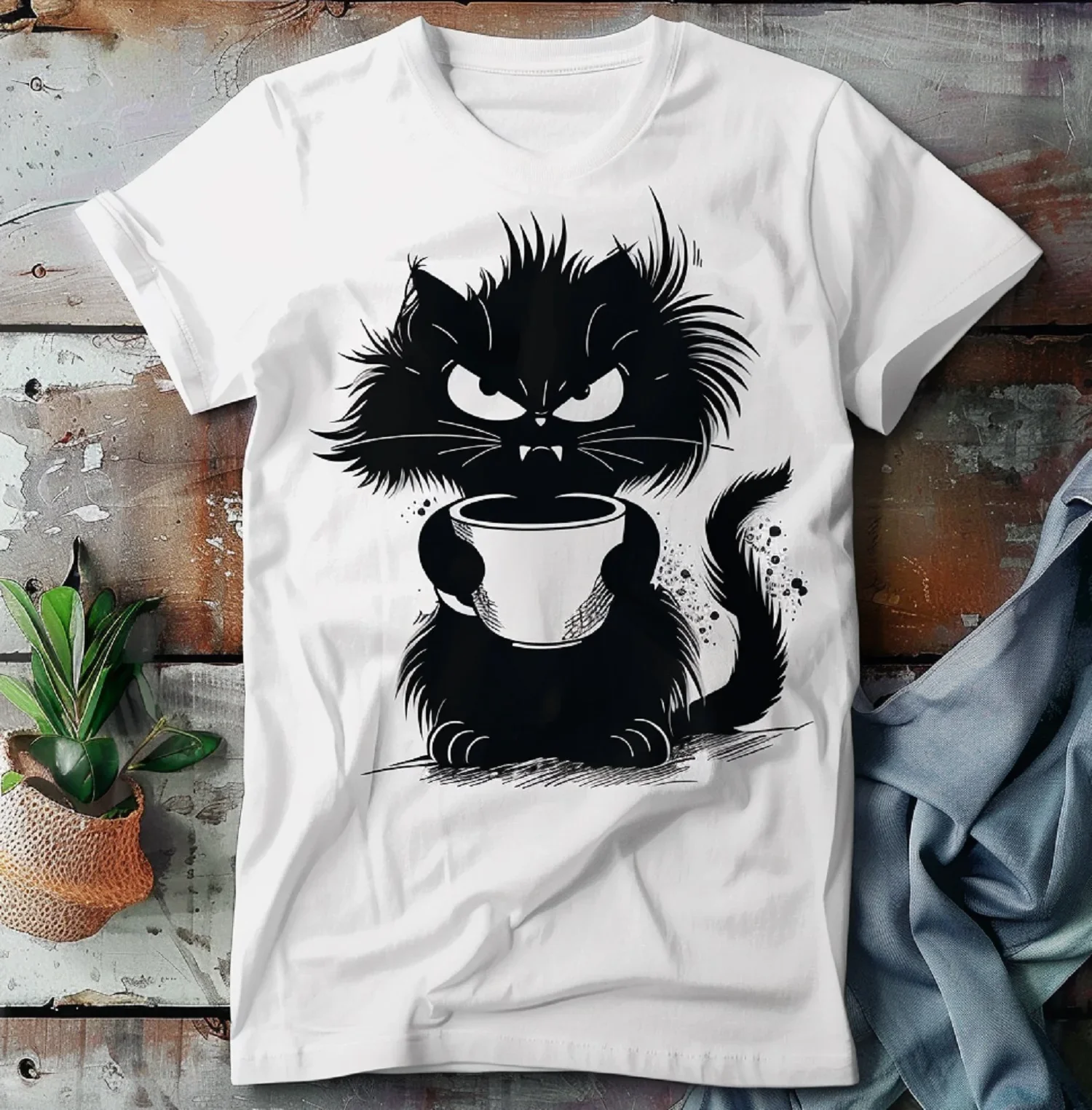 

2025 New Funny White Tee Style Angry Cat with A Cup Graphic Printed Women Women Summer T Shirts Camisetas Novelty T-Shirt