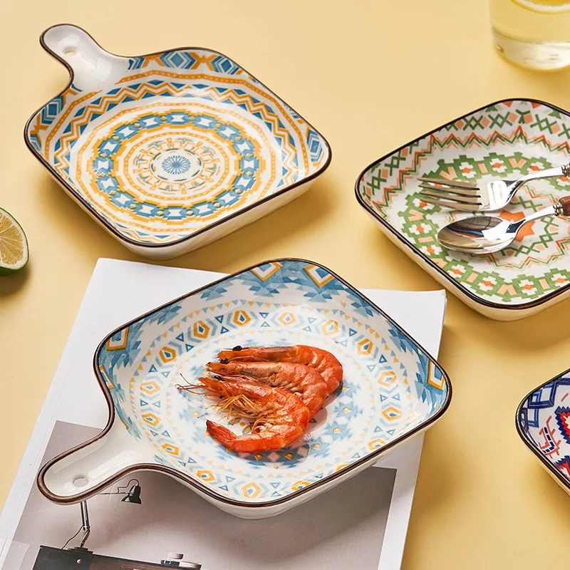 Posi Milan Ceramic Handle Plate Baking Plate Home Baked Rice Plate Salad Bowl Plate Tableware Oven Vegetable Plate