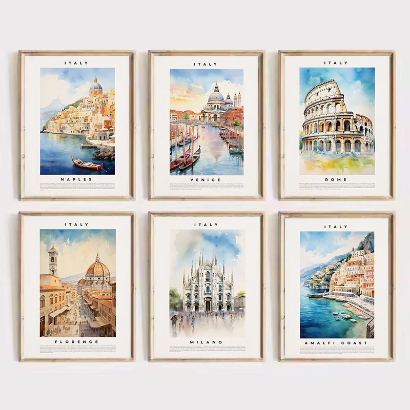 Retro Watercolor Italy Travel Coastal City Naples Amalfi Venice Landscape Poster Canvas Painting Wall Art Pictures Home Decor
