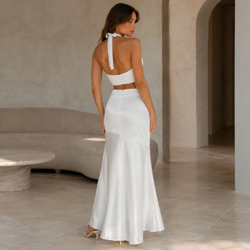 White Satin Mermaid Skirt High Waist Long Split Maxi Skirt Elegant Evening Party Wedding Guest Prom Dress Bottoms Fashion