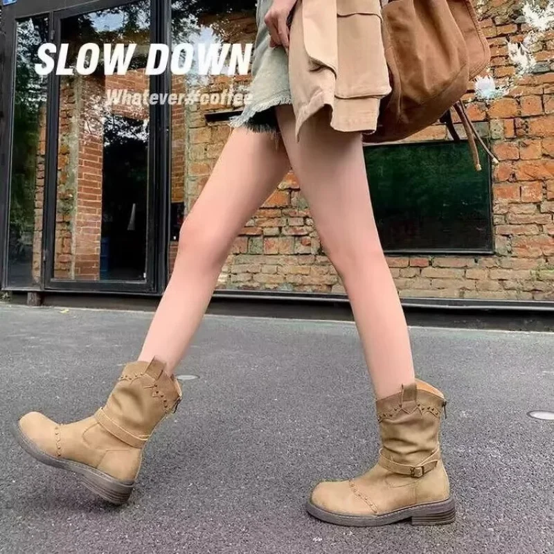 

Retro Belt Buckle Flat Rivet Knee-High Boots Knight Boots Short Boots for Women Summer New British Leather Boots Single Boots