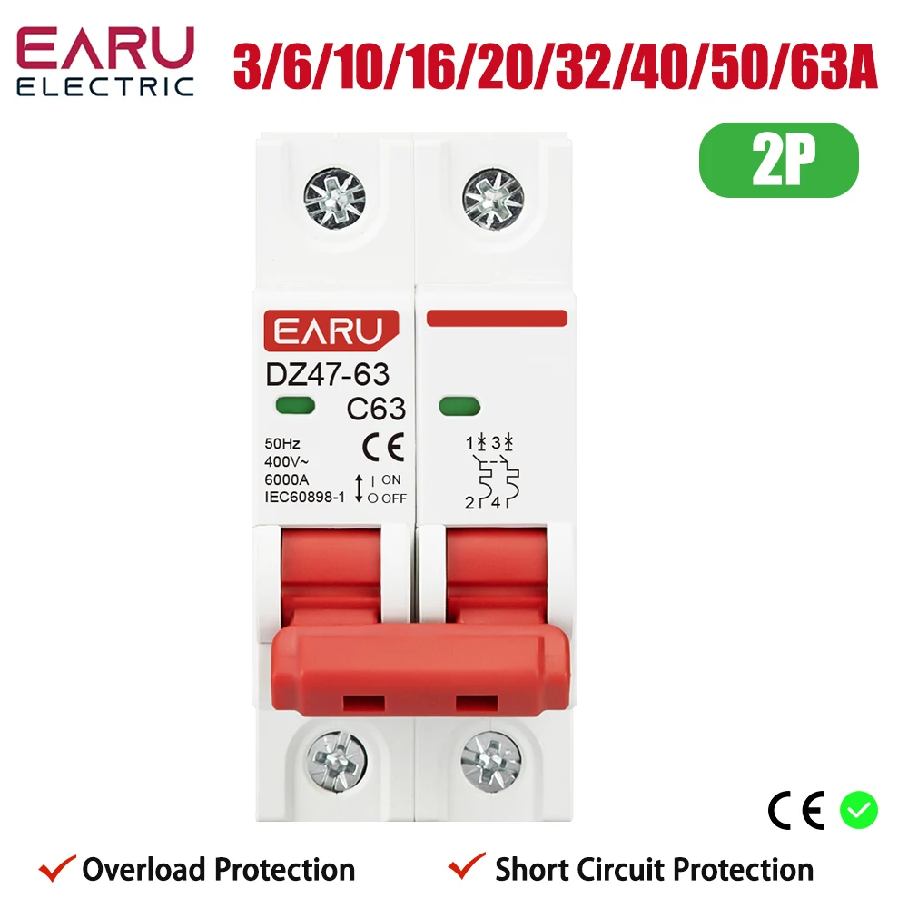 C45N 2 Pole 3A/6A/10A/16A/20A/32A/40A/50A/63A 400V~ C Type Mini Circuit Breaker Mcb Mounting 35mm Din Rail Breaking Capacity 6KA