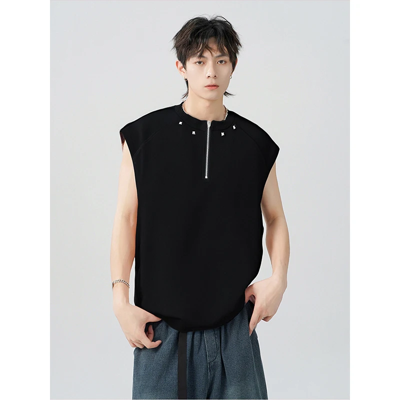Men's Half Zip Vest New Summer Fashion Trendy Personalized Stud Design Lightweight Sleeveless T-shirt Streetwear Sports Tank Top
