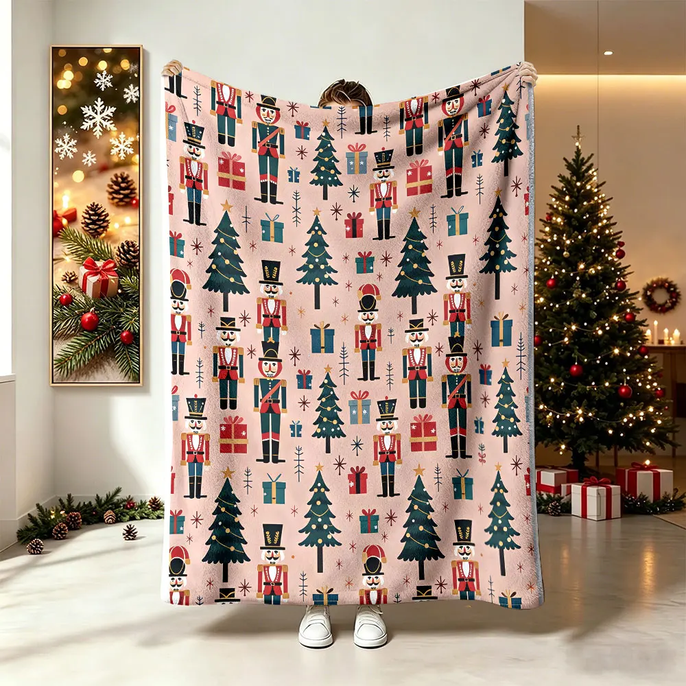 Nutcracker Xmas Tree Gift Box Printed Flannel Blanket Soft Casual Sofa Nap Throw Blanket Winter Christmas Holiday Gift