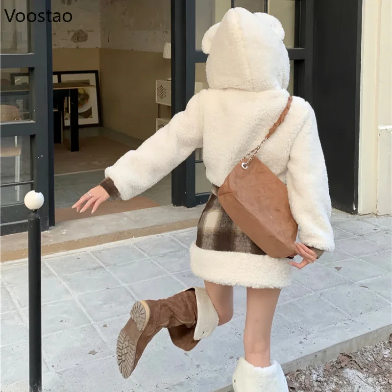 Autumn Winter Sweet Lolita Style Skirt Sets Women Cute Cartoon Bear Ears Hooded Plush Short Coat Mini Plaid Skirt 2 Piece Set