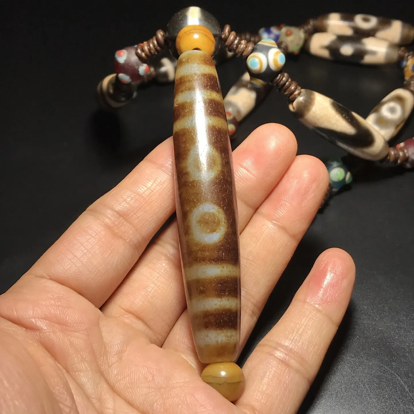 Tibetan Tooth Yellow Two Three Five Eyes God of Wealth Duobao Dzi Bead Agate Barrel Bead Necklace Pendant Neck Accessory 11 * 38