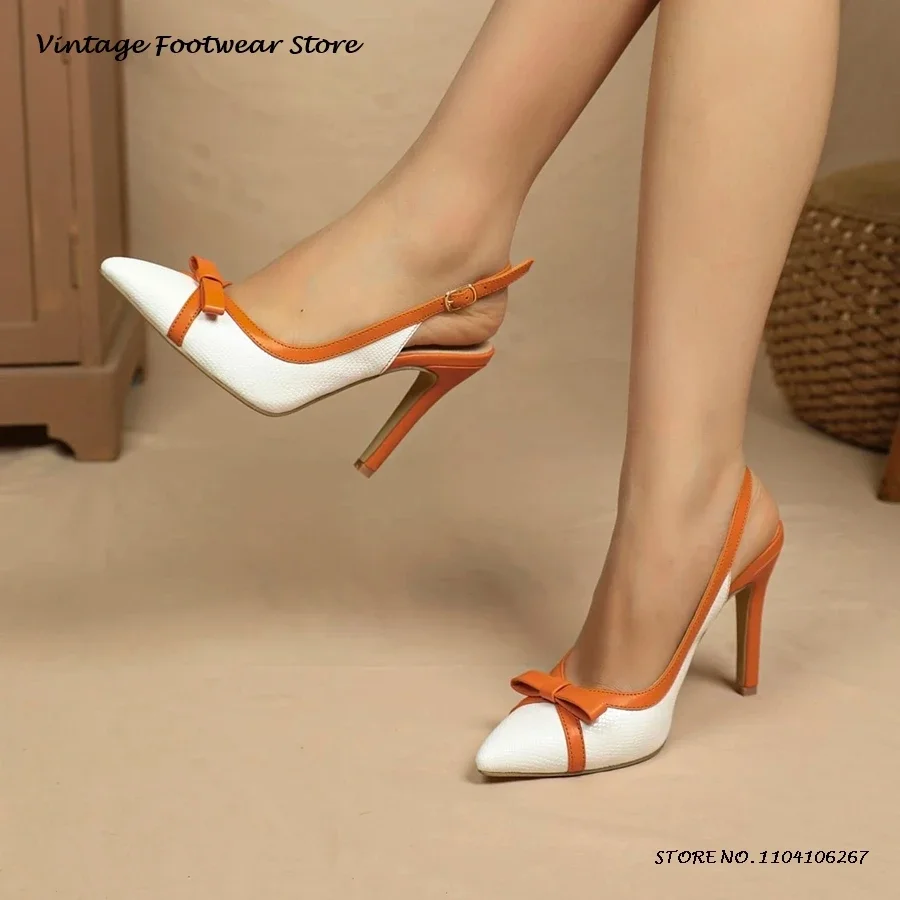 

Оранжевые туфли-лодочки с кожаной отделкой и бантом в стиле пэчворк, с острым носком, на тонком каблуке, с босоножками, женские летние туфли для офисной вечеринки, свадьбы, выпускного вечера