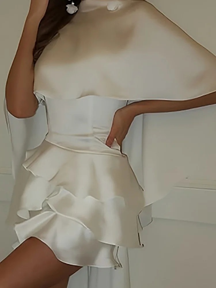 Elegant Sleeveless Slim Fit Party Dress 2025 Satin Solid Color Ruffle Edge Short Dress Women Casual Shawl High Waist Mini Dress