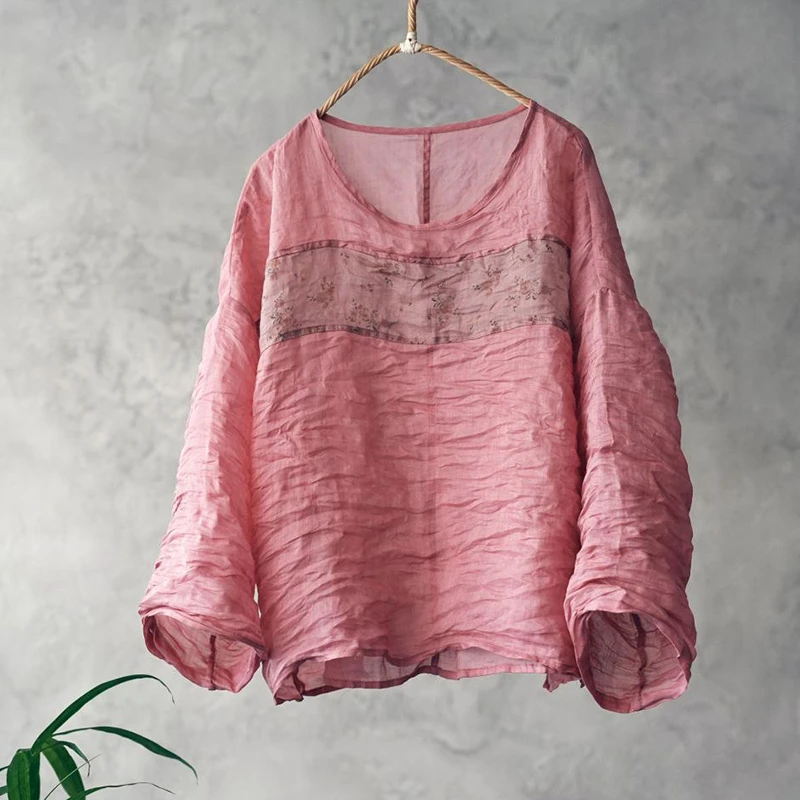 100% Ramie Women Long Sleeve Casual T-shirts New Arrival 2026 Summer Vintage Style Patchwork Color Loose Female Tops Tees M2905