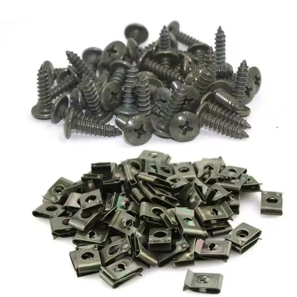 100/10pcs Mixed Car Motorcycles Metal Screw Tapping Fastener Clip U-Type Clip with Screw Anti-rust Protection Clip Screw Buckle