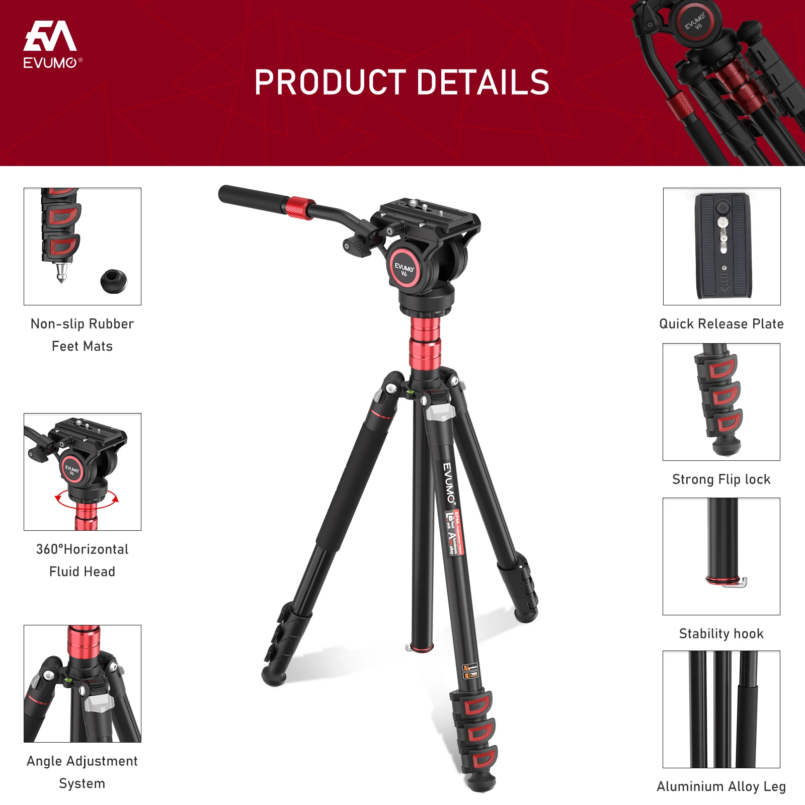 Evumo GF4 Travel Video Tripod Kit Lightweight Aluminum Alloy Tripods with 360° Video Head for Arca-Swiss Quick Release Plate