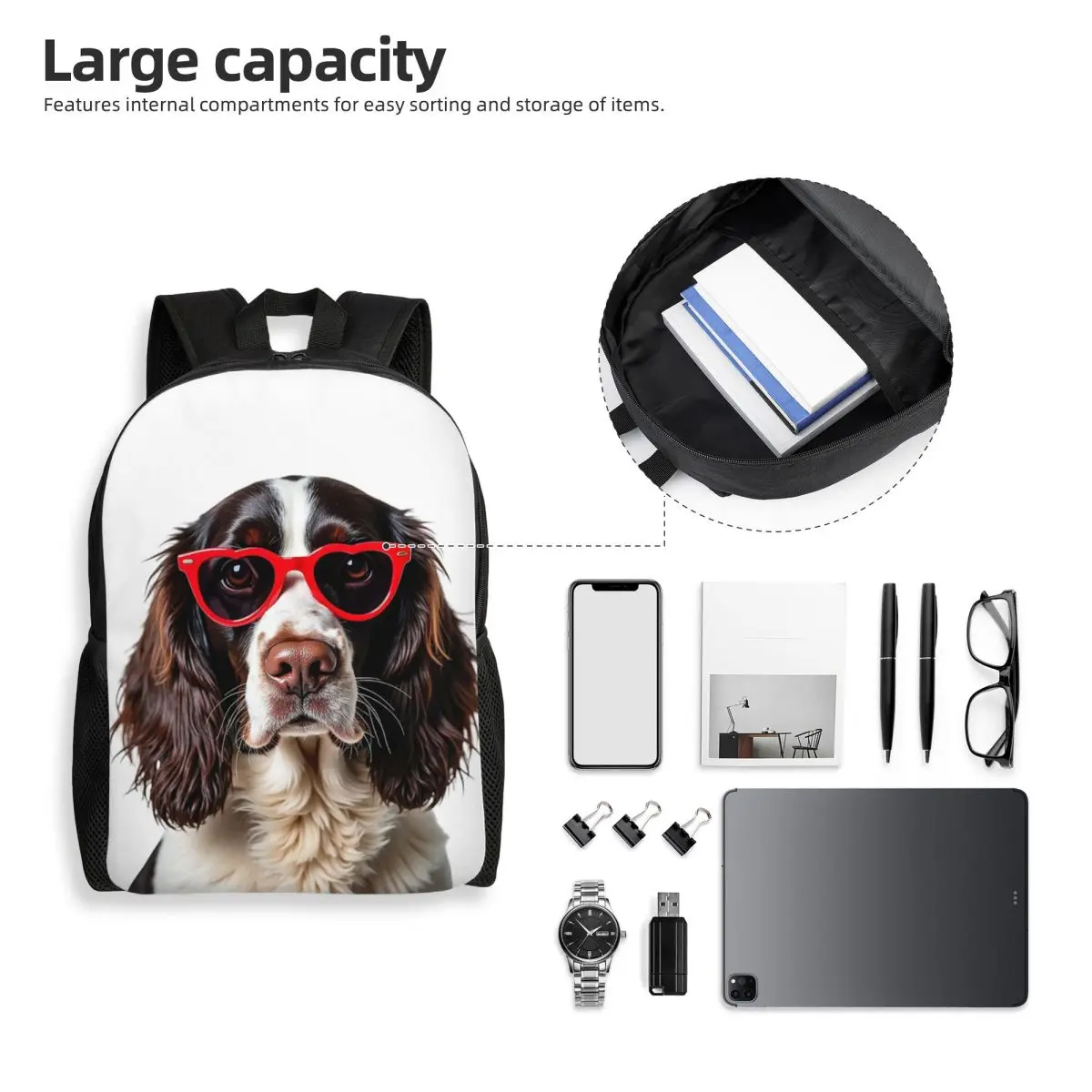 English Springer Spaniel Dog Wearing A Heart Shape Sunglasses Backpack Student BookBag School Bag Laptop Shoulder Bags