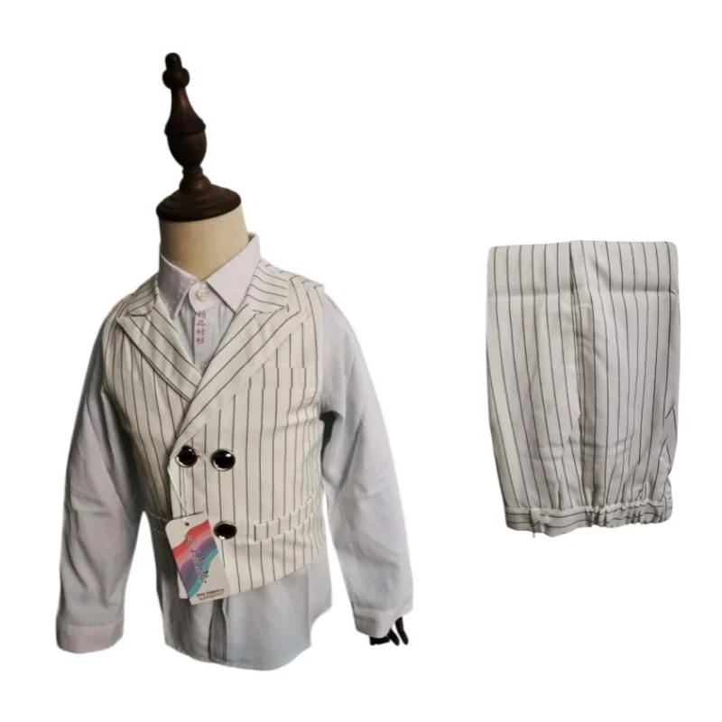 Boys Formal White Wtriped Double-Breasted Suit Set Kids Wedding Birthay Party Outfit Children's Piano Host Performance Costume