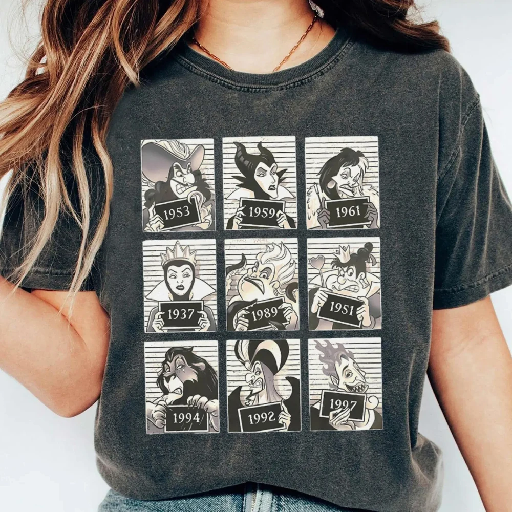 

Футболка в стиле ретро с персонажами Диснея 90-х годов, ретро-футболка с Урсулой, злой королевой Крюэллой, футболка с тематикой парка развлечений Дисней, уличная одежда для пар, футболка с круглым вырезом