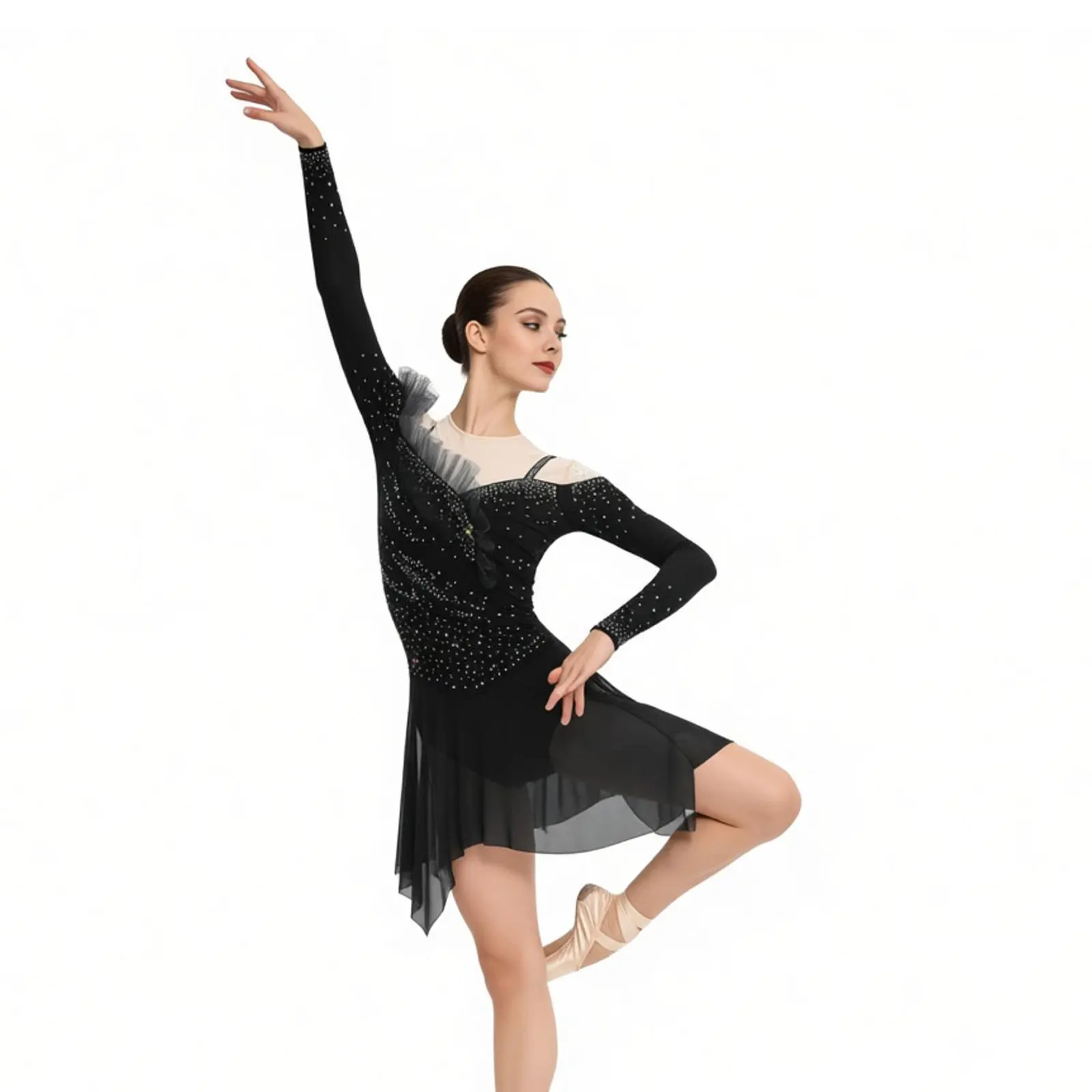 

Women's Figure Skating Costume Sheer Mesh Long Ruffled Tulle Rhinestones Asymmetrical Tulle Dress Lyrical Ballet Dance Leotard