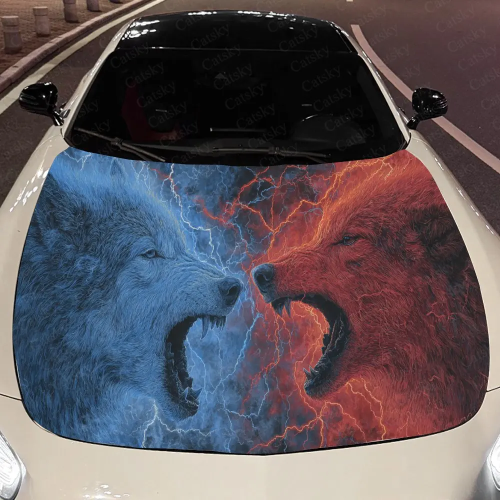 Dynamic Lightning Wolf Pair - Flame Auto Cover Sticker, Waterproof and Self-adhesive Auto Hood Decal, Auto Vinyl Wraps, Cool Car