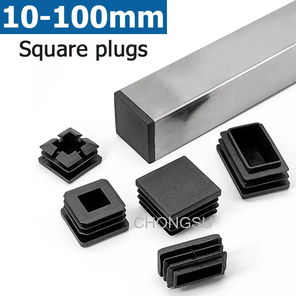 1/4/10/50pcs Black Square Plugs Pipe Tube Cap Plastic Tubing End Cap Insert Blanking Stopper 10 13 15 16 18 19 20 23 25 28-100mm