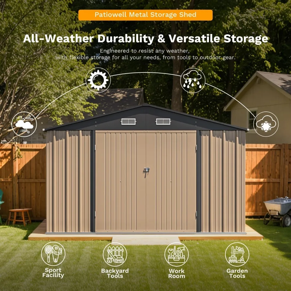 Shed de armazenamento de metal de 10x12 pés para exterior com estrutura de piso, galpão de ferramentas de jardim para todos os climas com porta com fechadura para quintal e pátio