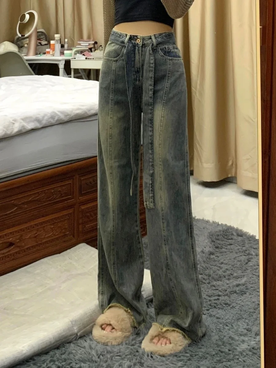 الرجعية الأمريكية واسعة الساق الدينيم الجينز المرأة حجم صغير الخريف جديد كبير الحجم عالية الخصر فضفاض مستقيم السراويل الطويلة #3