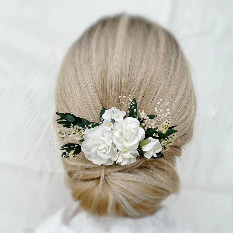 Dried Baby's Breath Greenery Bridal flower hair comb wedding headpiece with White roses