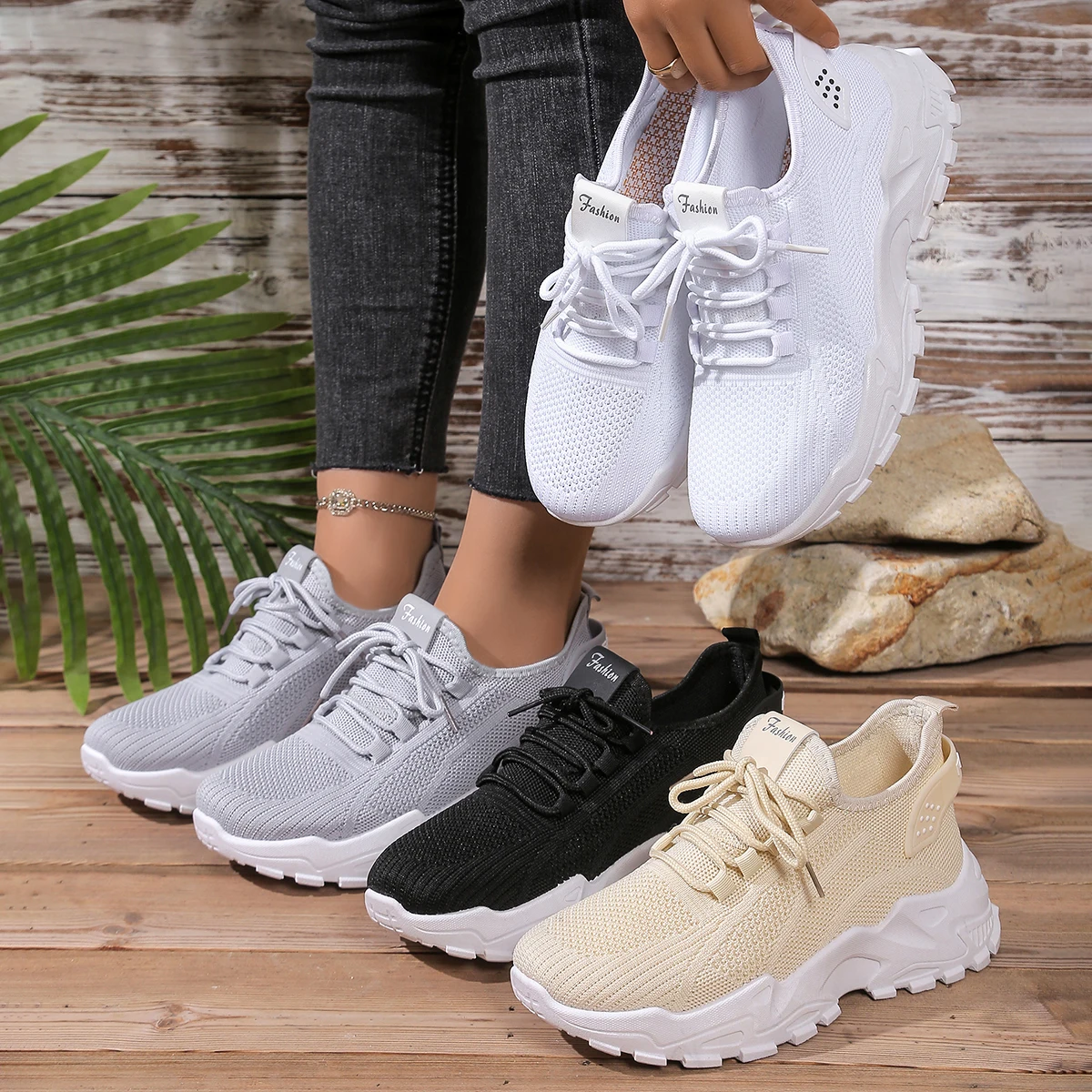 Women's Breathable Knit Chunky Sneakers, Lace-Up Non-slip Running Shoes, Comfortable Lightweight Sport Trainers,Drop Shipping