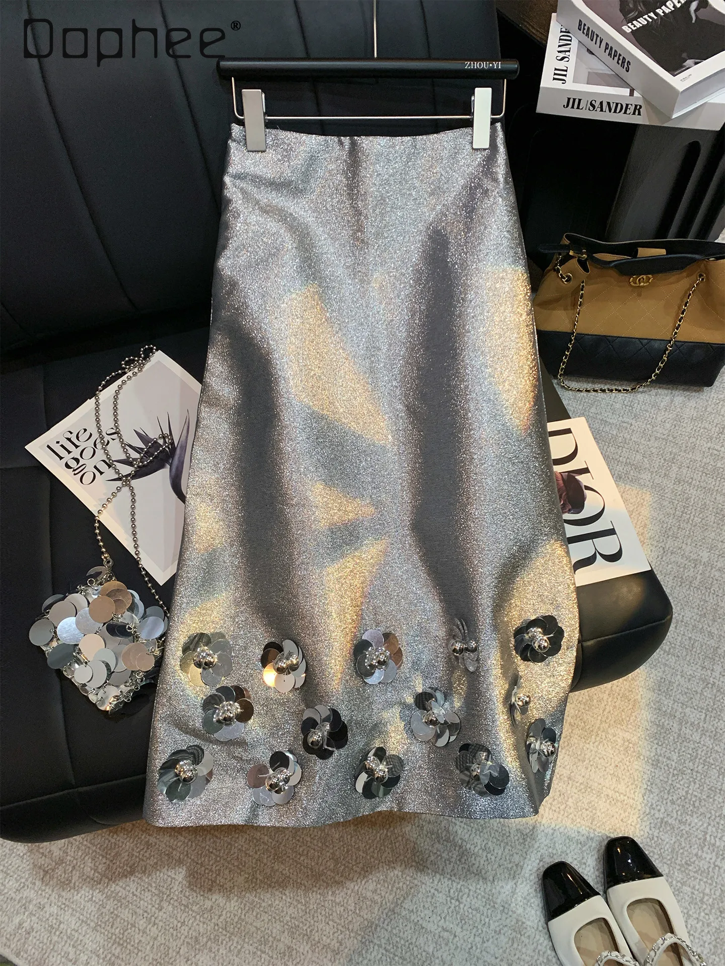 

High End Heavy Industry Sequined Flower Silver Skirt Women Summer New Korean Ins Hot Girl High Waist Slim Sexy A-line Skirts