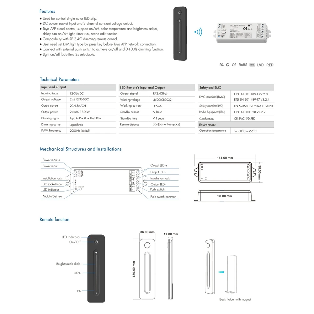 CABE-Tuya LED Dimmer 12-36V 2CH With 2.4G RF Wireless Remote Control LED Strip Controller For Single Color LED Strip